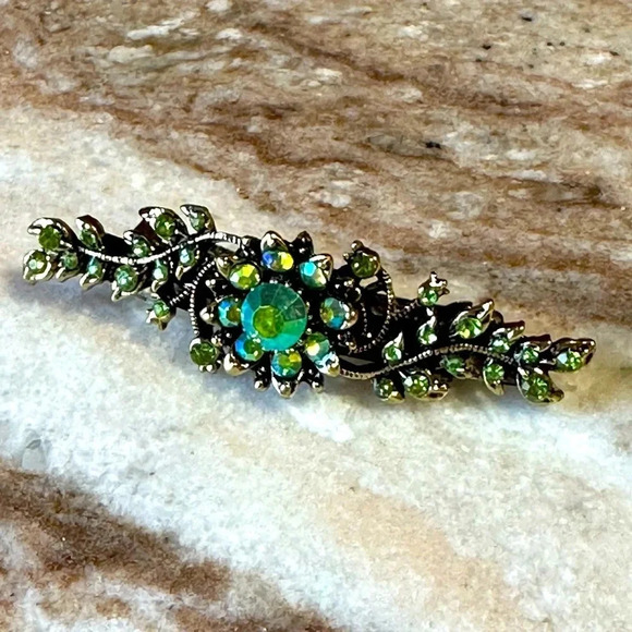 Light Green Peridot AB Floral Crystal Rhinestone Medium Barrette Hair Clip - Picture 2 of 11